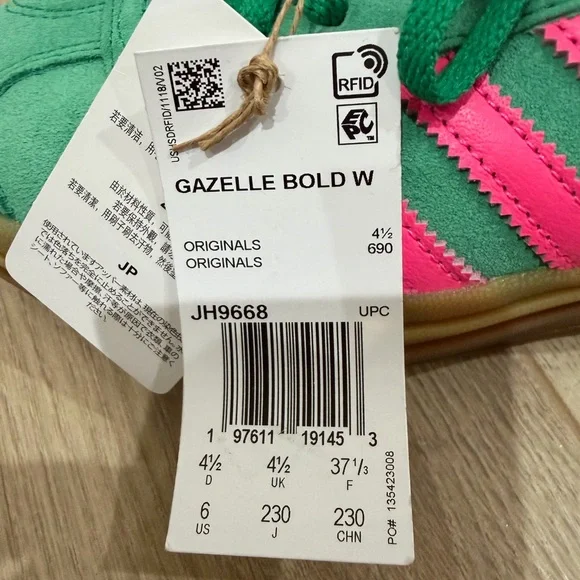 New!adidas gazellGreen Suede Sneakers with Pink Three-Stripes and Yellow Heel - Picture 9 of 9